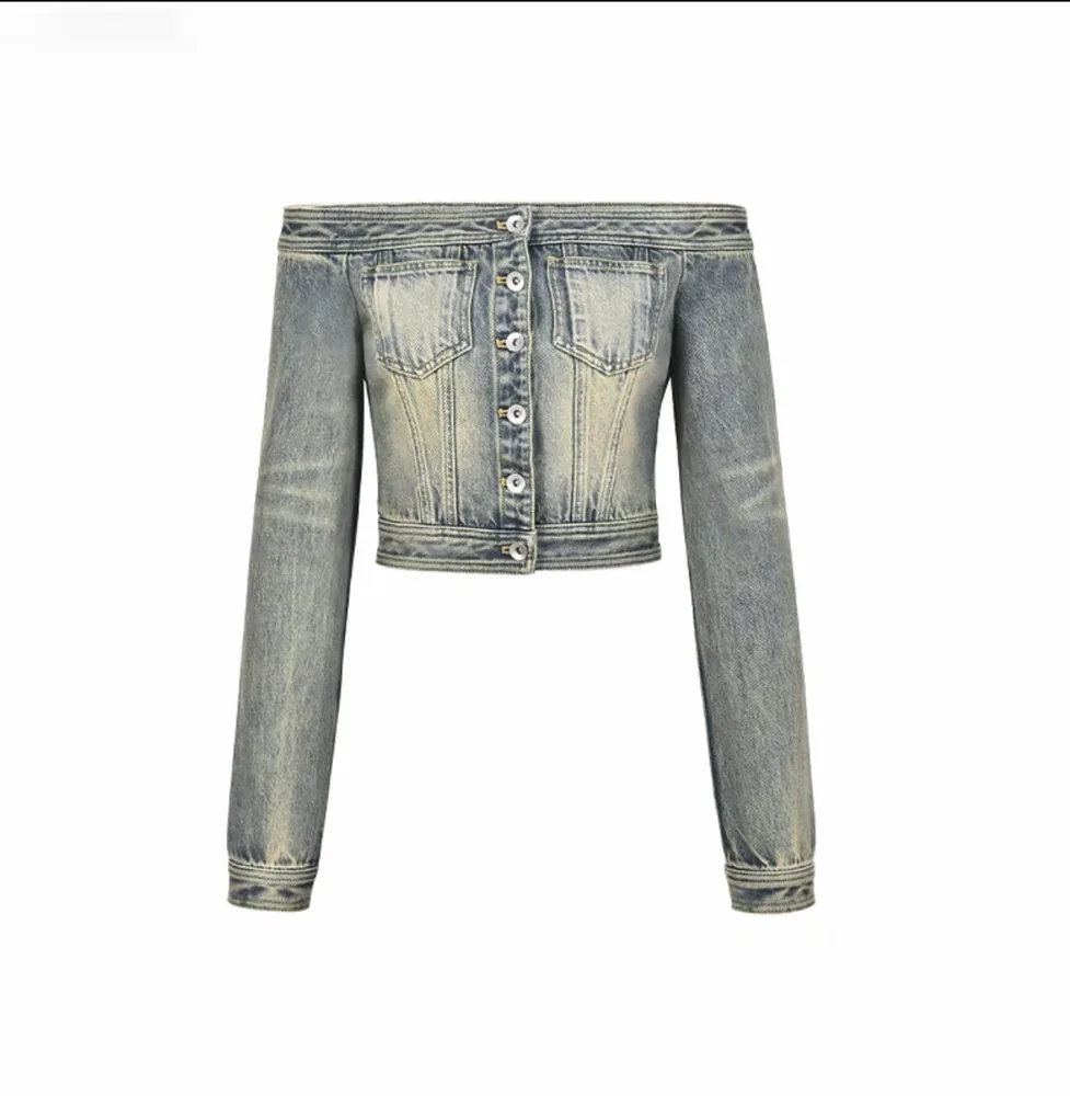 Off shoulder Denim Long sleeved Tops Slim fit Short Version Yellow Green - Shop at LoveMi