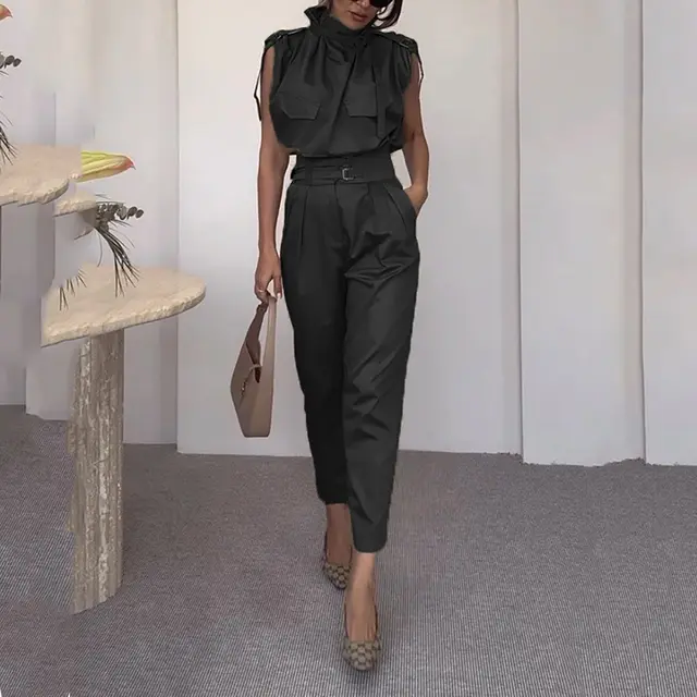 Shoulder Slimming Waist slimming Belt Decoration Blouse And Pants Black - Shop at LoveMi