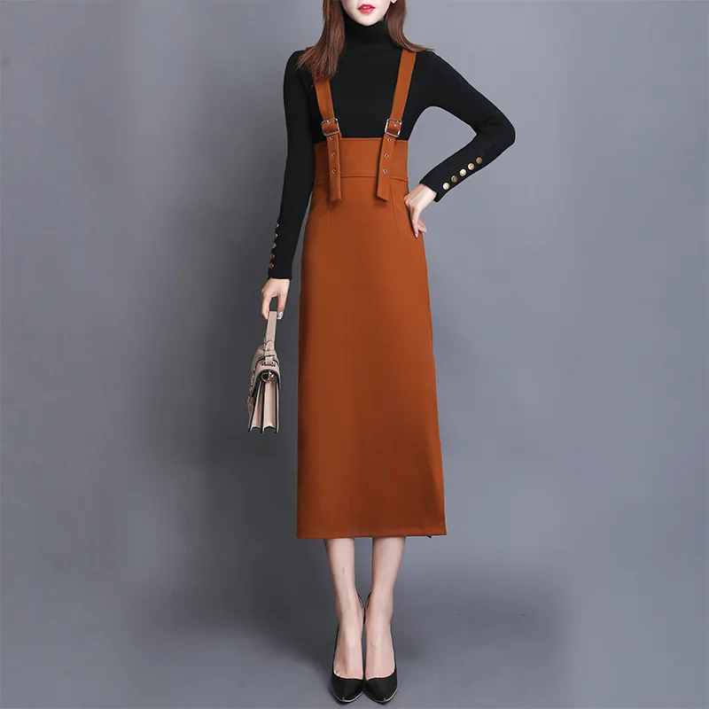 Women's Fashion Woolen Solid Color Suspender Skirt Caramel - Shop at LoveMi