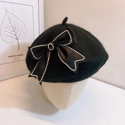 Ladies Bow Woolen Elegant Warm Retro Casual Beret Black - Shop at LoveMi