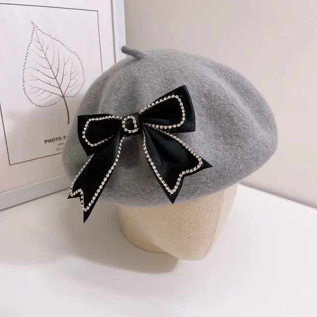 Ladies Bow Woolen Elegant Warm Retro Casual Beret Gray - Shop at LoveMi