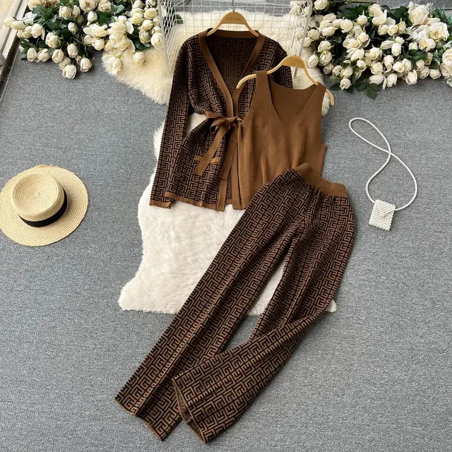 Exotic Printed Casual Suit Women's Inverness V neck Base Knitwear Wide Leg Pants Three piece Suit Brown - Shop at LoveMi