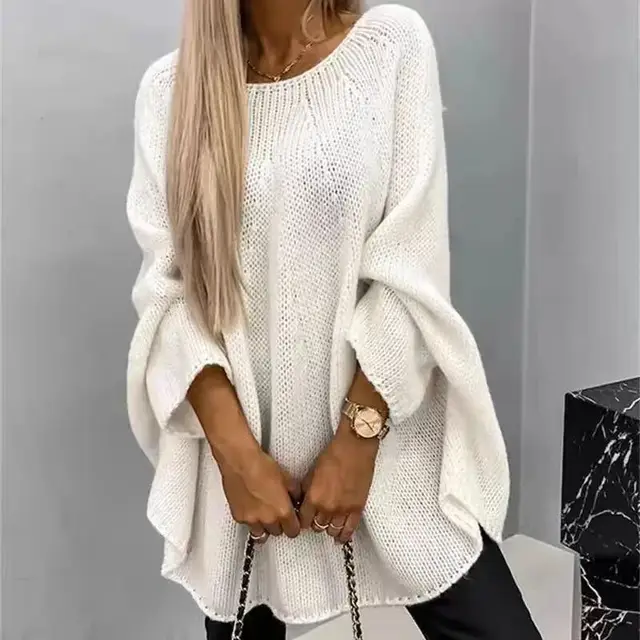 Winter Loose Batwing Sleeve Pullover Sweater Fashion Oversized Knitted Shawl Sweater Tops For Women Clothing Creamy White - Shop at LoveMi