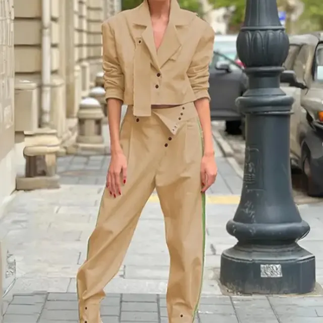 Solid Color Fashion Lapel Short Temperament Trousers Suit Khaki - Shop at LoveMi