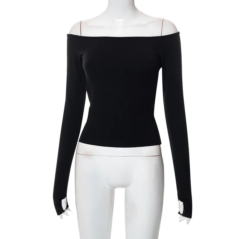 Solid Color Pullover Off the shoulder Long Sleeve Hollow Out Black - Shop at LoveMi