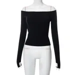 Solid Colour Pullover Off-the-shoulder Long Sleeve Hollow Out - Black