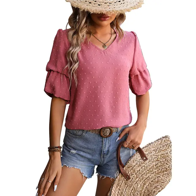 V neck Chiffon Top Double layer Puff Sleeve Shirt Cameo Red - Shop at LoveMi