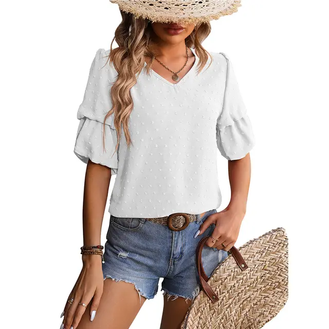 V neck Chiffon Top Double layer Puff Sleeve Shirt White - Shop at LoveMi