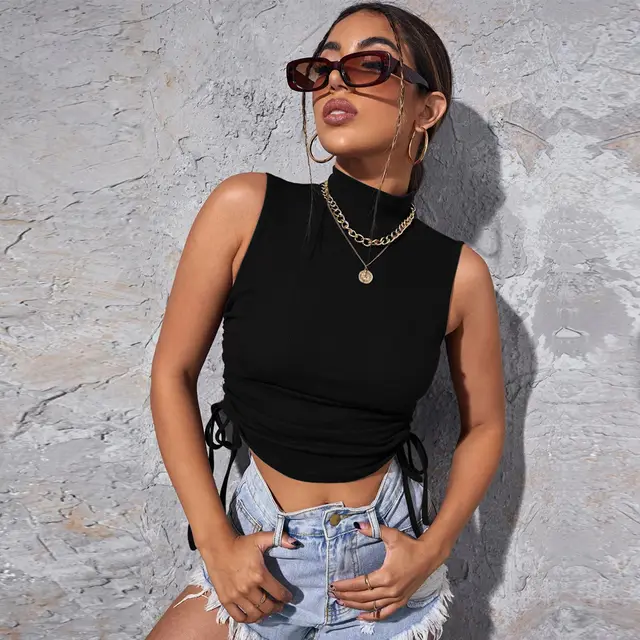 Women's Street Sports Drawstring Turtleneck Sleeveless Knitted Vest Top Black - Shop at LoveMi