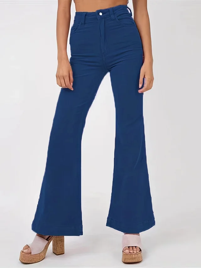 High Waisted Slim Fit Flared Pants For Women Navy Blue - Shop at LoveMi