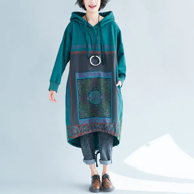 Hooded Sweater Loose Printed Long Dress Gradient Color Green - Shop at LoveMi