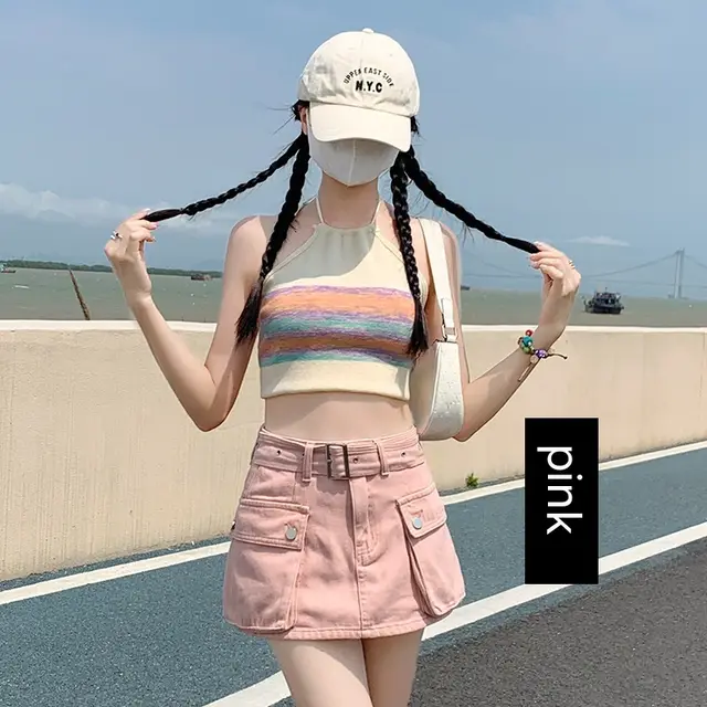 Denim Short Culotte Women's Summer Thin Fashion Hot Girl Slimming Loose High Waist Straight Cargo Pants Pink - Shop at LoveMi