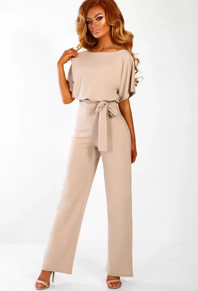 Women's Summer Button Lace up Short sleeved Jumpsuit Apricot - Shop at LoveMi