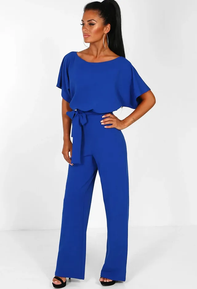 Women's Summer Button Lace up Short sleeved Jumpsuit Blue - Shop at LoveMi