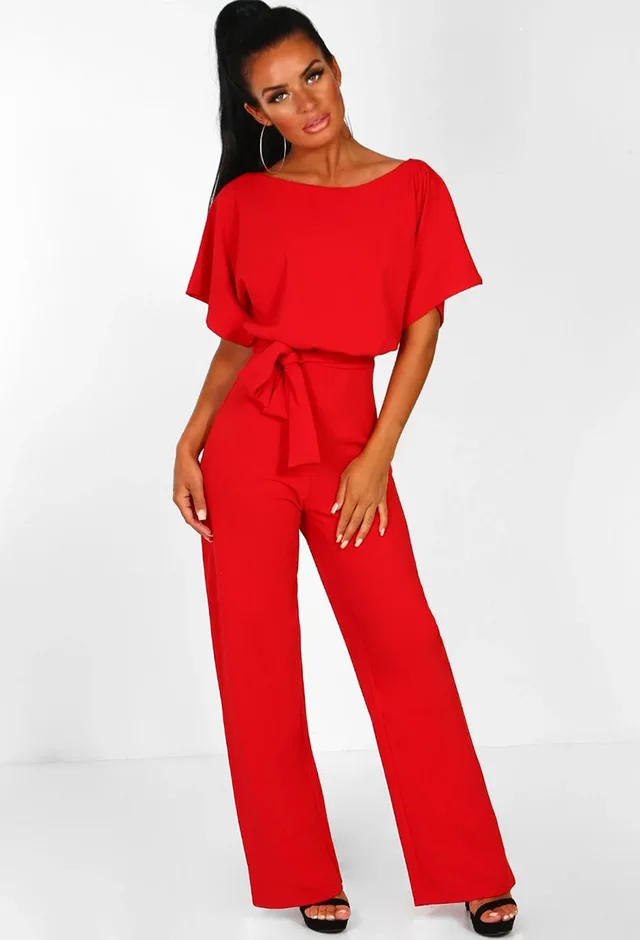 Women's Summer Button Lace up Short sleeved Jumpsuit Red - Shop at LoveMi