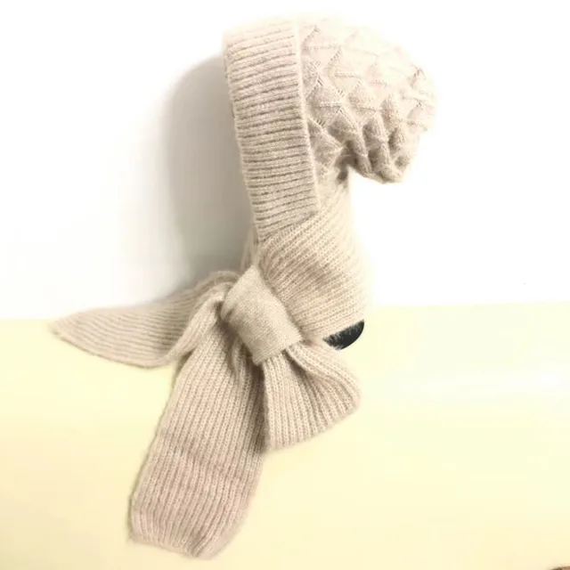 Women's One piece Hat With Scarf Warm Thickened Ears Protection Woolen Cap Beige - Shop at LoveMi