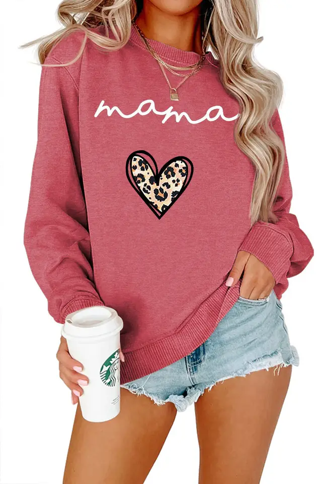Leopard Print Heart Printing Plus Size Casual Simple Women's Long sleeved Fleese Red Sweater - Shop at LoveMi