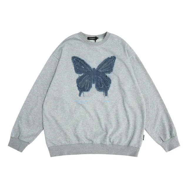 Denim Butterfly Patch Round Neck Sweater Autumn Loose Street Gray - Shop at LoveMi