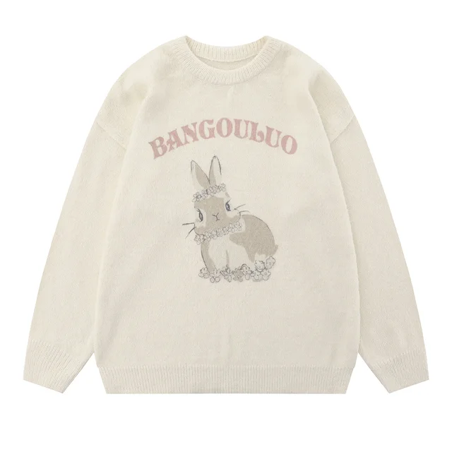 Loose Leisure Pullover Cotton Knitwear Street Fashion American Round Neck Knitted Sweater Apricot - Shop at LoveMi
