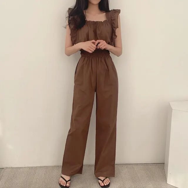 French Retro Square Collar Ruffled Flying Sleeves Elastic And Waisted High Waist Wide Leg Jumpsuit For Women Brown - Shop at LoveMi