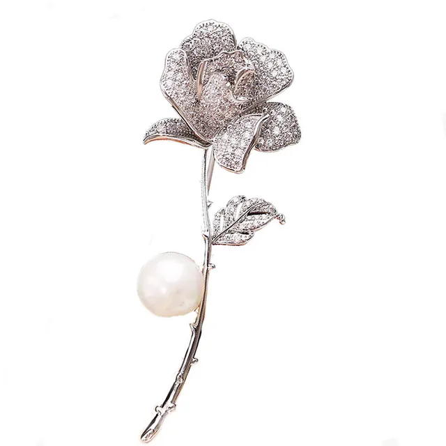 Women's Fashion Pearl Inlaid Zircon Camellia Brooch Platinum - Shop at LoveMi
