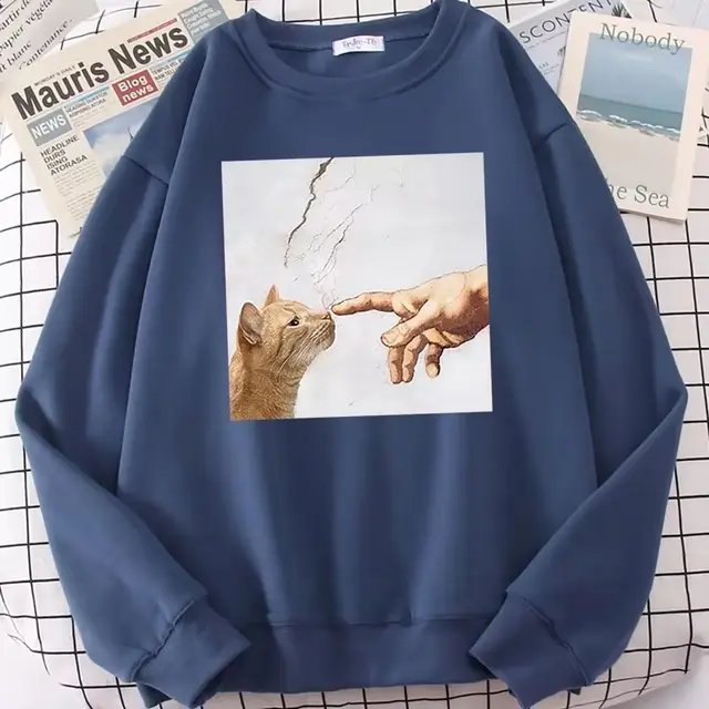 Printed Long Sleeves Cat Touch Cat Sweatshirt Navy Blue - Shop at LoveMi