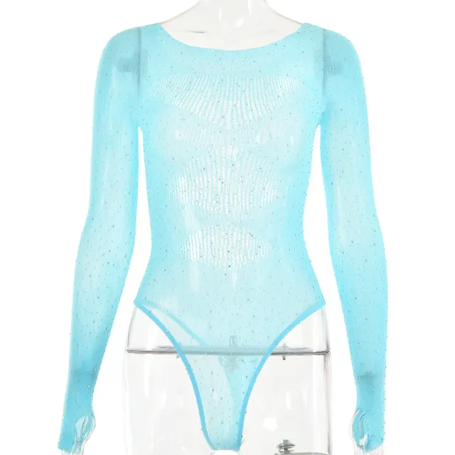 Women's High Elastic Knitted Sheer Long Sleeve Hollow Rhinestone Jumpsuit Blue - Shop at LoveMi