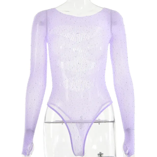 Women's High Elastic Knitted Sheer Long Sleeve Hollow Rhinestone Jumpsuit Purple - Shop at LoveMi