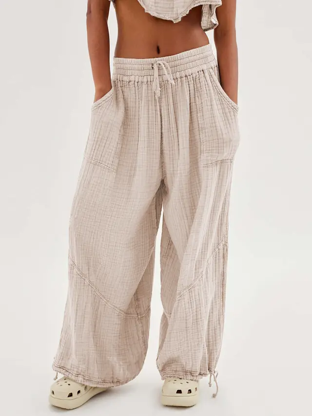 Loose Wide Leg Pants Women Drawstring Leggings Trousers Apricot - Shop at LoveMi