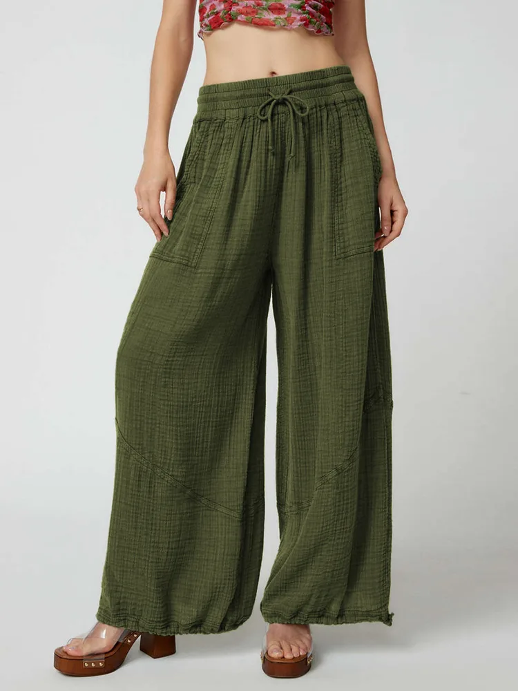 Loose Wide Leg Pants Women Drawstring Leggings Trousers - Army Green