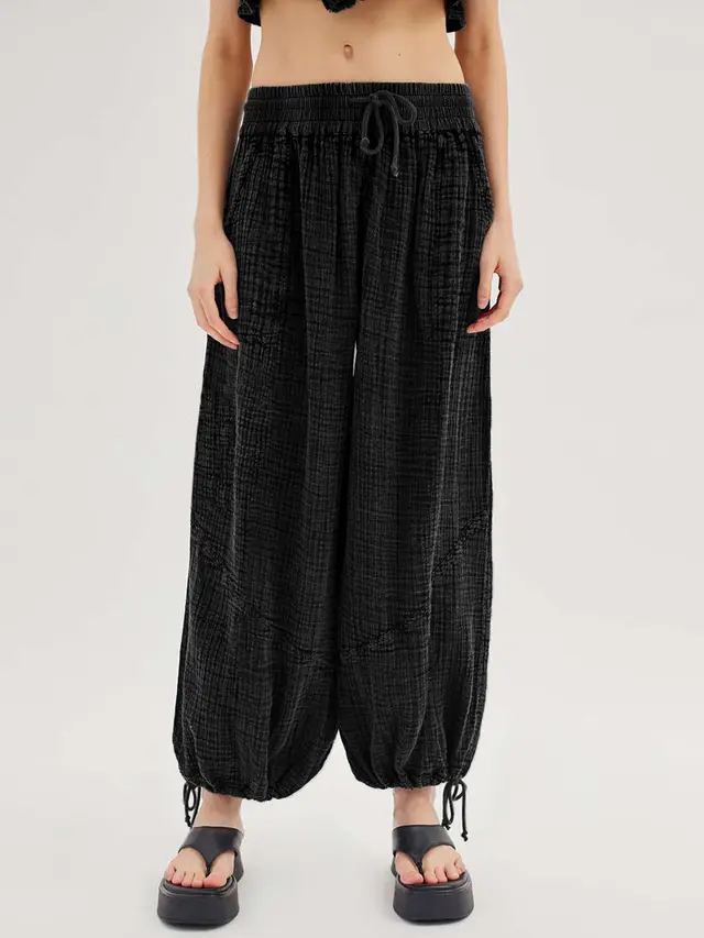 Loose Wide Leg Pants Women Drawstring Leggings Trousers Black - Shop at LoveMi