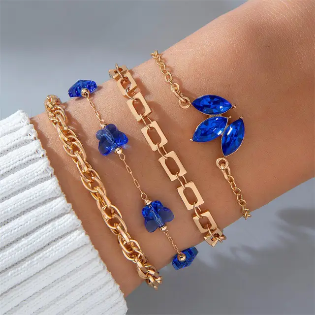 Blue Flower Love Butterfly Bracelet Set With Rhinestones Design Valentines Day 25706Gold - Shop at LoveMi