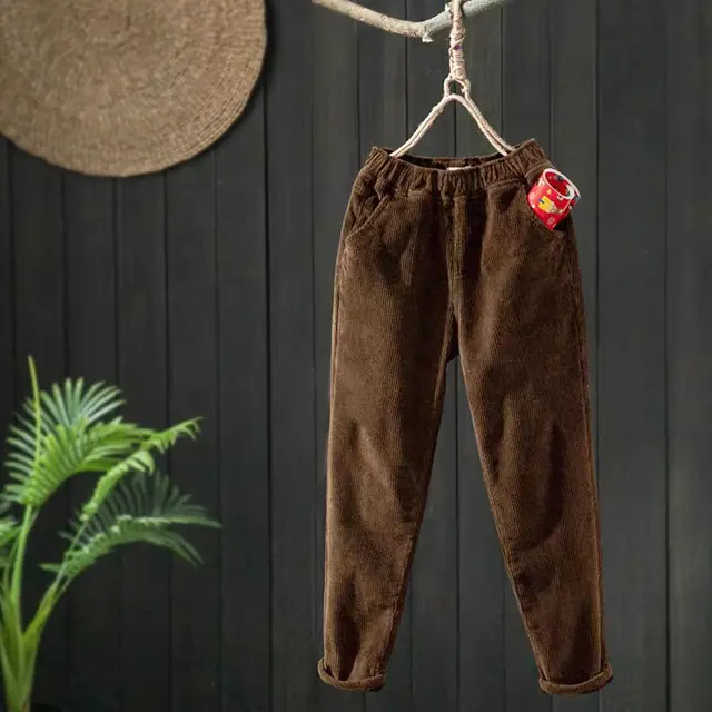 Women's Fleece lined Thick Corduroy Retro Simple Warm Pants Brown - Shop at LoveMi