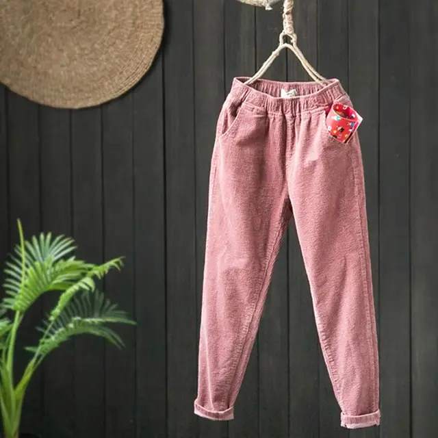 Women's Fleece lined Thick Corduroy Retro Simple Warm Pants Pink - Shop at LoveMi