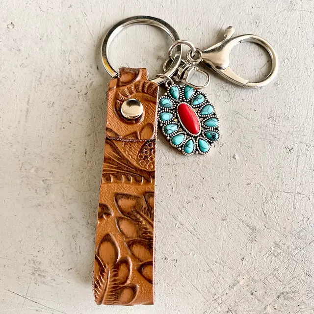 Retro Embossing Cowhide Western Style Turquoise Pumpkin Flowers Pendant Texture Keychain 2Style - Shop at LoveMi