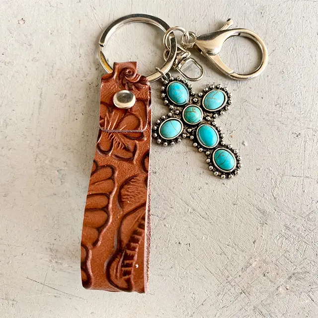 Retro Embossing Cowhide Western Style Turquoise Pumpkin Flowers Pendant Texture Keychain 3Style - Shop at LoveMi