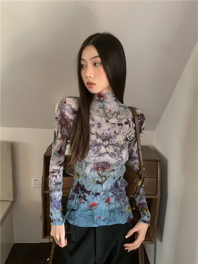 Irregular Pleated Printed Tencel Top Picture Color - Shop at LoveMi