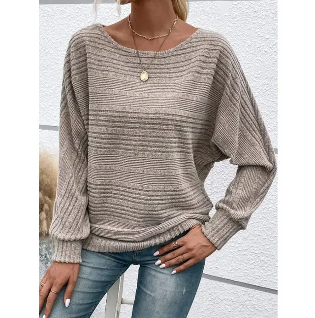 Solid Striped Batwing Sleeves T shirt Fashion Casual Pullover Round Neck Long Sleeve Top Spring And Autumn Women's Clothing Grey - Shop at LoveMi