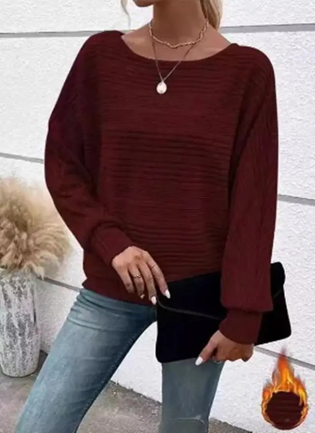 Solid Striped Batwing Sleeves T shirt Fashion Casual Pullover Round Neck Long Sleeve Top Spring And Autumn Women's Clothing Red - Shop at LoveMi