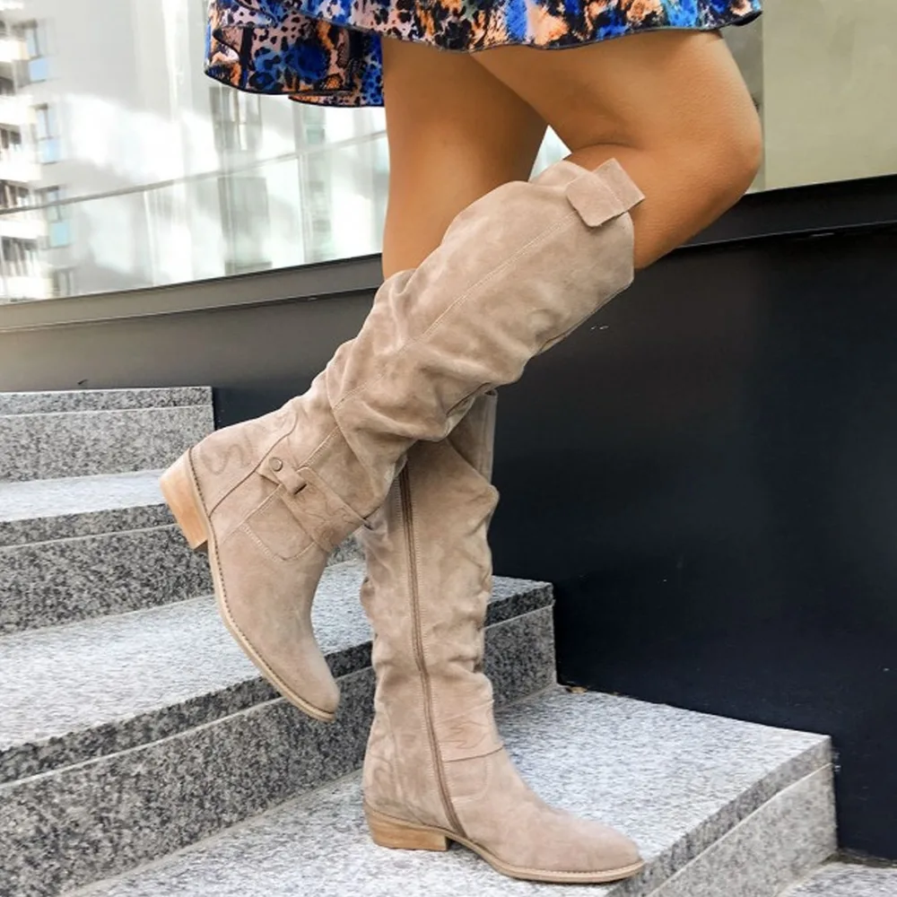 Autumn And Winter Low Heel Side Zipper Suede Women's High Boots Apricot - Shop at LoveMi