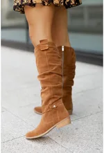 Autumn And Winter Low Heel Side Zipper Suede Women's High Boots - Yellow