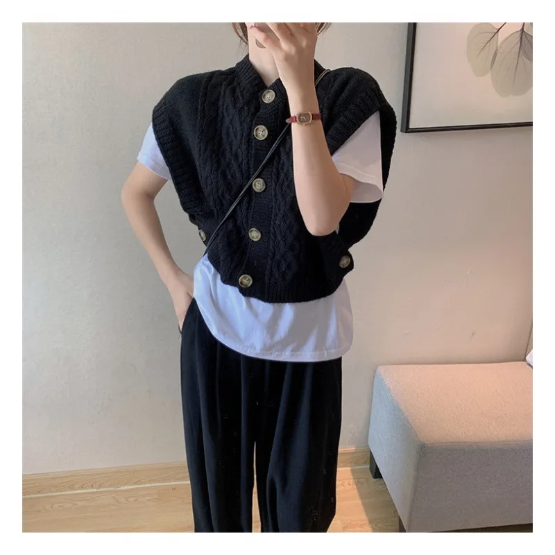 Solid Color Round Neck Commuter Outer Wear Button Thick Needle Smooth Sleeveless Soft Glutinous Knitted Vest Black - Shop at LoveMi