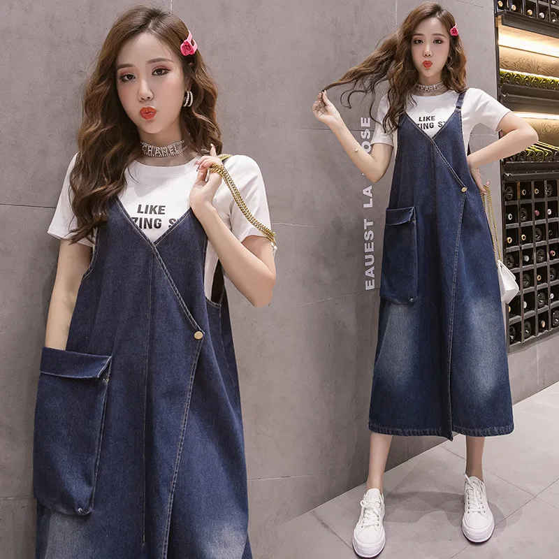 Korean Style Loose Casual Denim Suspender Skirt Mid length Blue - Shop at LoveMi