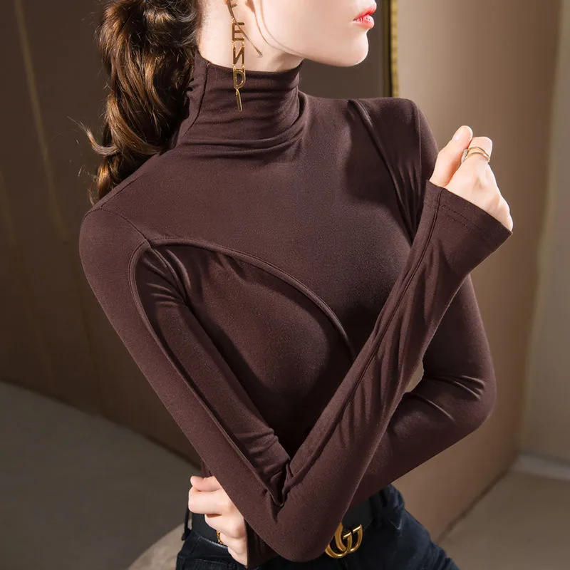 Women's Design Turtleneck Bottoming Shirt Slim Fit Irregular Western Style Inner Wear Stitching Long Sleeve Coffee - Shop at LoveMi