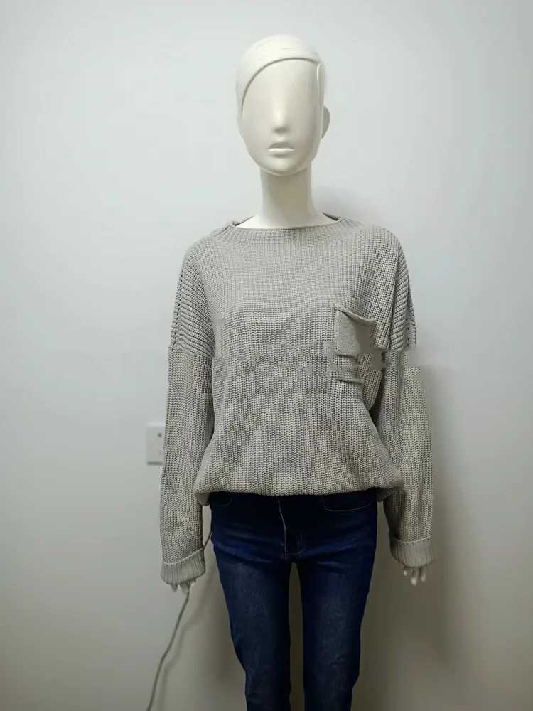 European And American Solid Color Pocket Pullover Sweater Gray - Shop at LoveMi