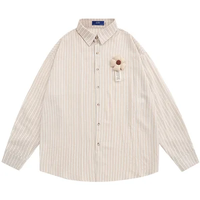 Three dimensional Decoration Flower Vertical Stripes Long Sleeve Men's Spring And Autumn Loose Lapels Shirt Apricot - Shop at LoveMi