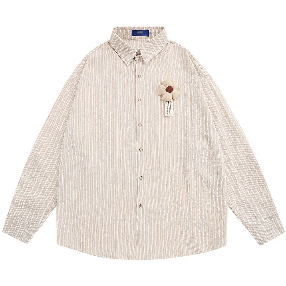 Three dimensional Decoration Flower Vertical Stripes Long Sleeve Men's Spring And Autumn Loose Lapels Shirt Apricot - Shop at LoveMi