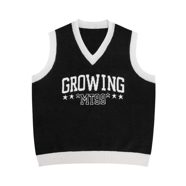 Jacquard Letter V neck Knitted Sweater Vest Black - Shop at LoveMi