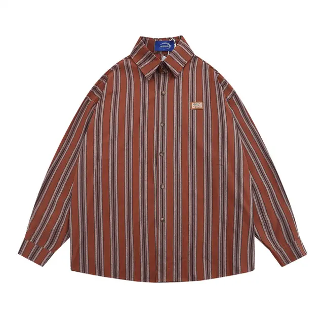 American style Vintage Vertical Stripes Long sleeved Shirt Outer Wear Men's And Women's Spring And Autumn Models Casual Top Brown - Shop at LoveMi