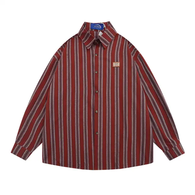 American style Vintage Vertical Stripes Long sleeved Shirt Outer Wear Men's And Women's Spring And Autumn Models Casual Top Wine Red - Shop at LoveMi